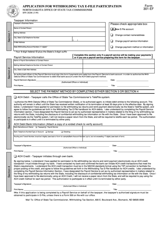 Fillable Form 301-Ef -Application For Withholding Tax E-File Participation Printable pdf