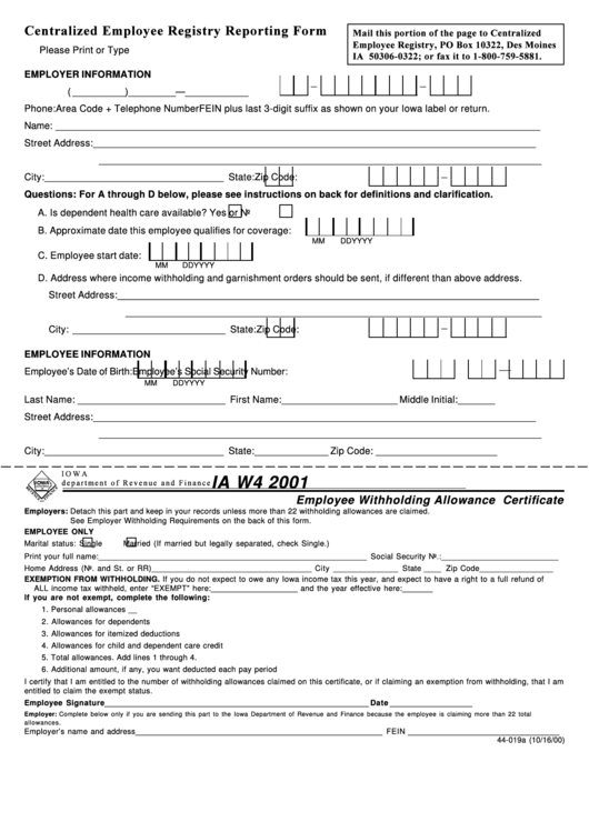 Form Ia W4 - Employee Withholding Allowance Certificate - 2001 Printable pdf