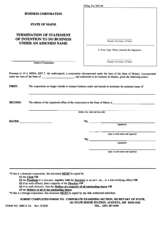 Form Mbca-5a - Termination Of Statement Of Intention To Do Business Under An Assumed Name - Maine Secretary Of State, Printable pdf