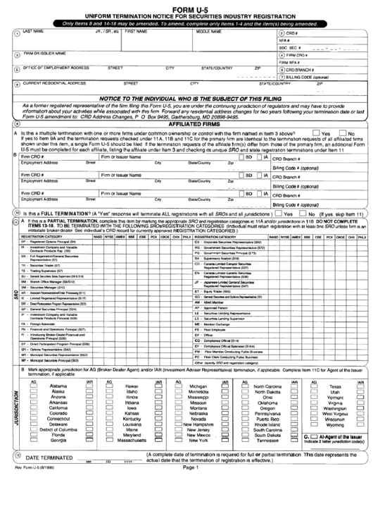 Form U-5 - Uniform Termination Notice For Securities Industry Registration Printable pdf