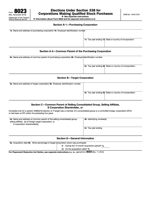 Fillable Form 8023 - Elections Under Section 338 For Corporations Making Qualified Stock Purchases Printable pdf