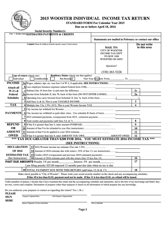Fillable Wooster Individual Income Tax Return - 2015 Printable pdf