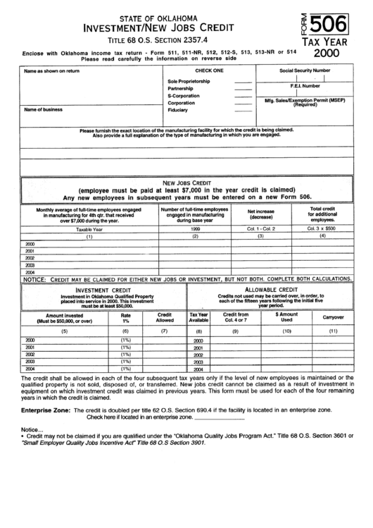 Form 506 - Investment/new Jobs Credit - 2000 Printable pdf