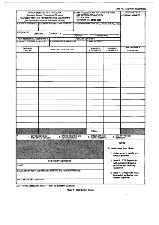 Form Atf F 1370.3 - Requisition For Forms Or Publications - Department Of Treasury Printable pdf