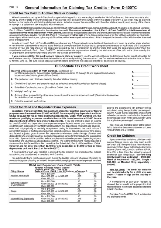 Form D-400tc - General Information For Claiming Tax Credits, Form D-429 - Worksheet For Determining The Credit For The Disabled Taxpayer Printable pdf