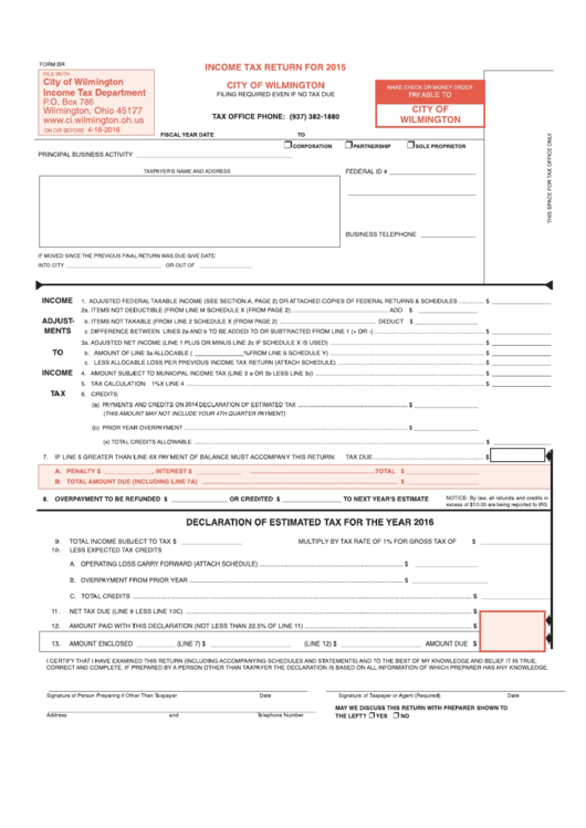 Form Br - Income Tax Return - City Of Wilmington Income Tax Department - 2015 Printable pdf