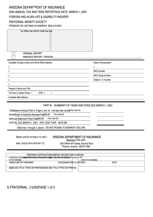 Form E-Fraternal - Annual Tax And Fees Report - Arizona Department Of Insurance - 2000 Printable pdf