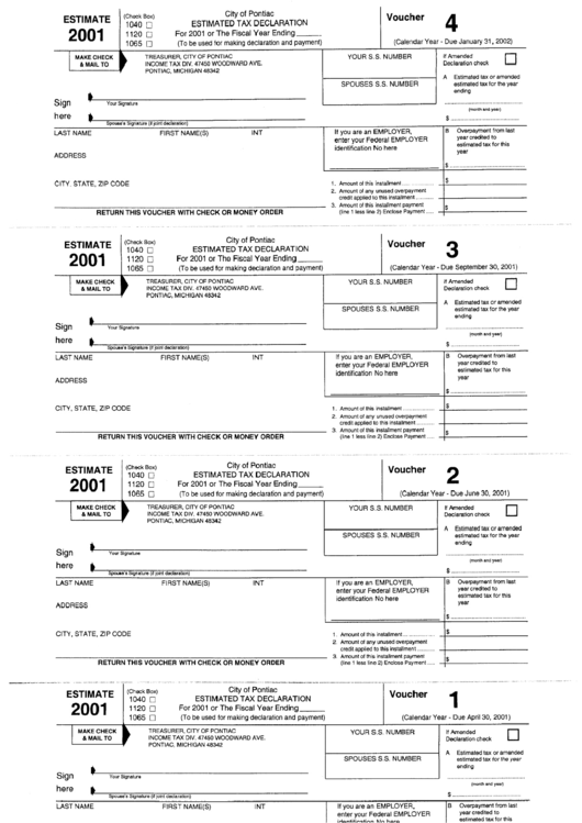 Estimated Tax Declaration - City Of Pontiac - 2001 Printable pdf