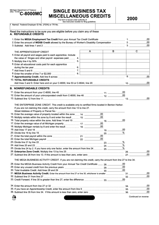 Form C-8000mc - Single Business Tax Miscellaneous Credits - 2000 Printable pdf