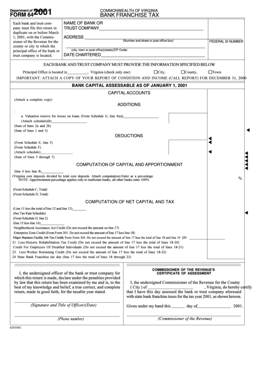 Form 64 - Bank Franchise Tax - 2001 Printable pdf