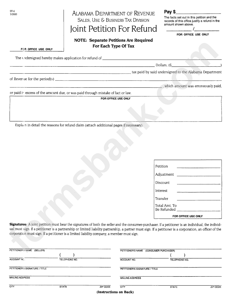 Form St-6 - Joint Petition For Refund - Alabama Department Of Revenue