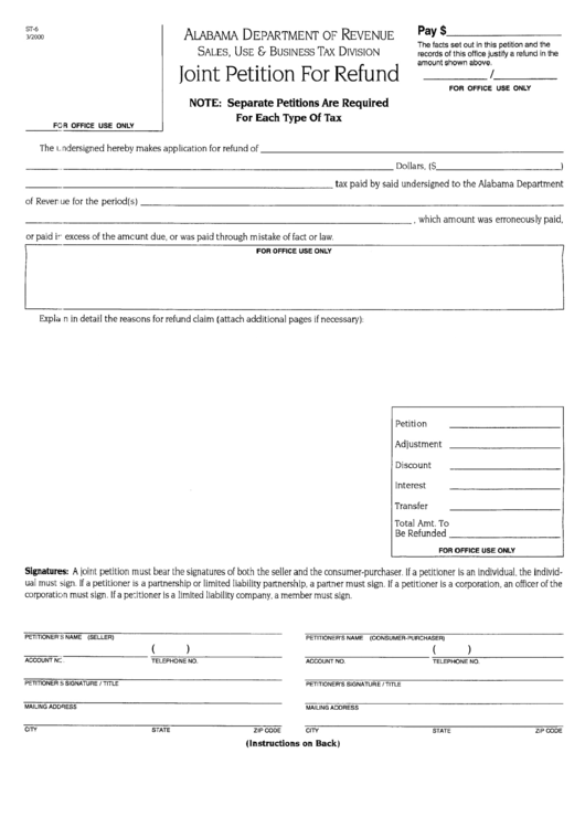 Form St-6 - Joint Petition For Refund - Alabama Department Of Revenue Printable pdf