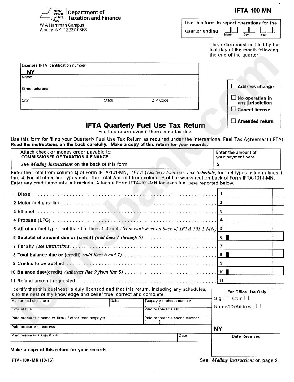 Form Ifta-100-Mn - Ifta Quarterly Fuel Use Tax Return