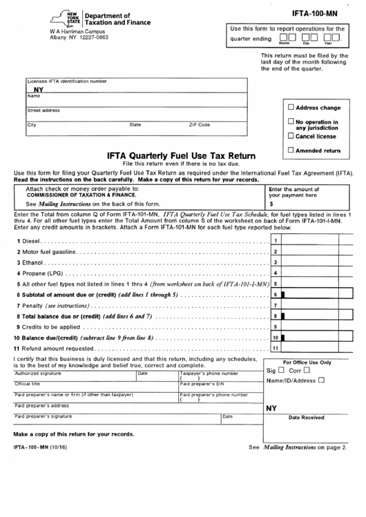 Form Ifta-100-Mn - Ifta Quarterly Fuel Use Tax Return Printable pdf
