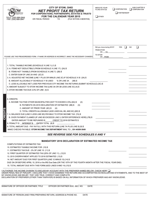 Net Profit Tax Return Form - City Of Stow, Ohio - 2015 Printable pdf