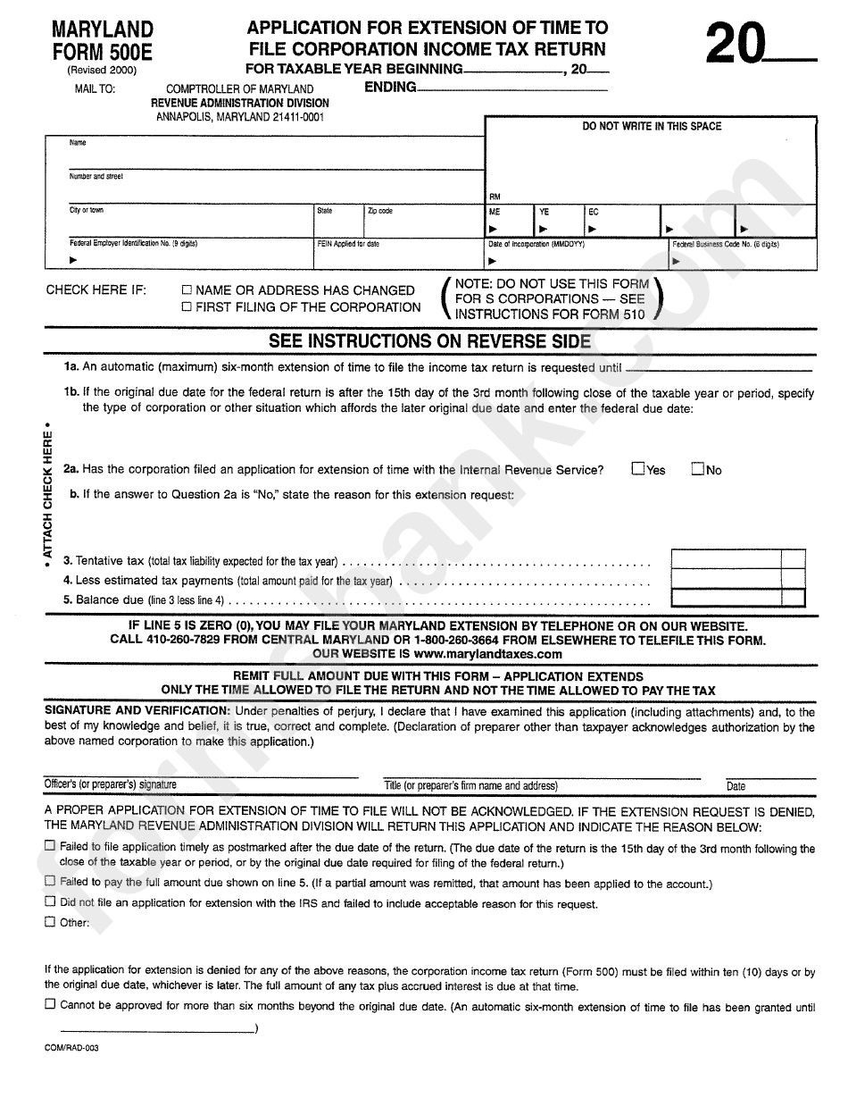Maryland Form 500e - Application For Extension Of Time To File Corporation Income Tax Return