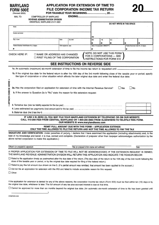 Maryland Form 500e - Application For Extension Of Time To File Corporation Income Tax Return Printable pdf