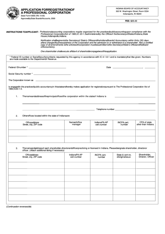 Fillable State Form 10555 - Application For Registration Of A Professional Corporation - 2000 Printable pdf