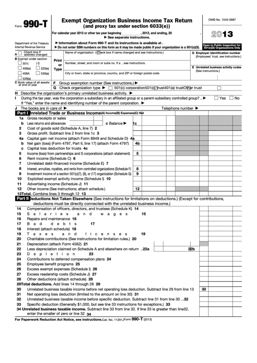 Fillable Form 990-T - Exempt Organization Business Income Tax Return - 2013 Printable pdf