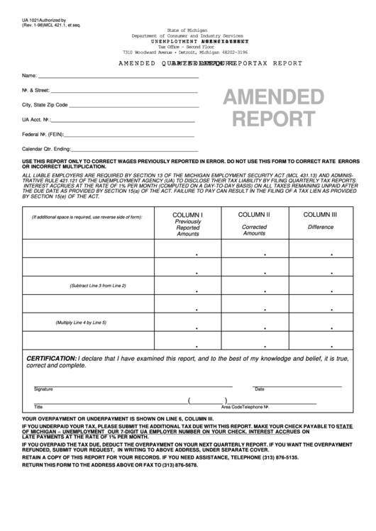 Form Ua 1021 - Amended Quarterly Tax Report - 1998 Printable pdf