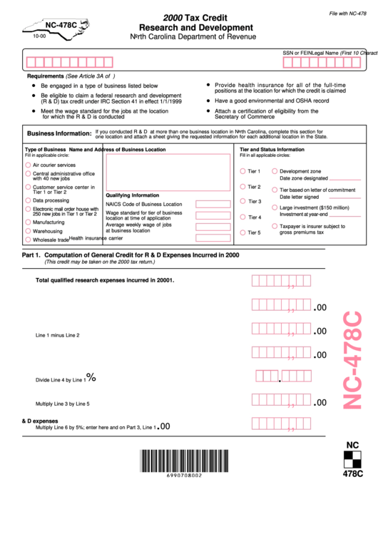 Form Nc-478c - Tax Credit Research And Development - 2000 Printable pdf