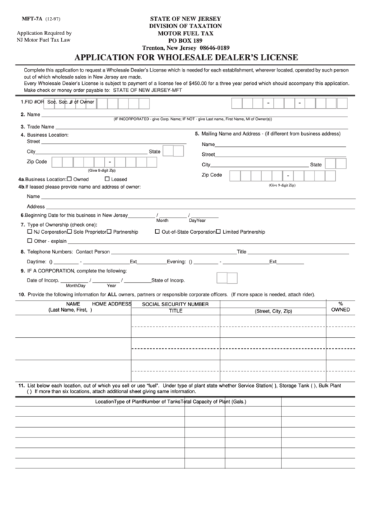 Form Mft-7a - Application For Wholesale Dealer