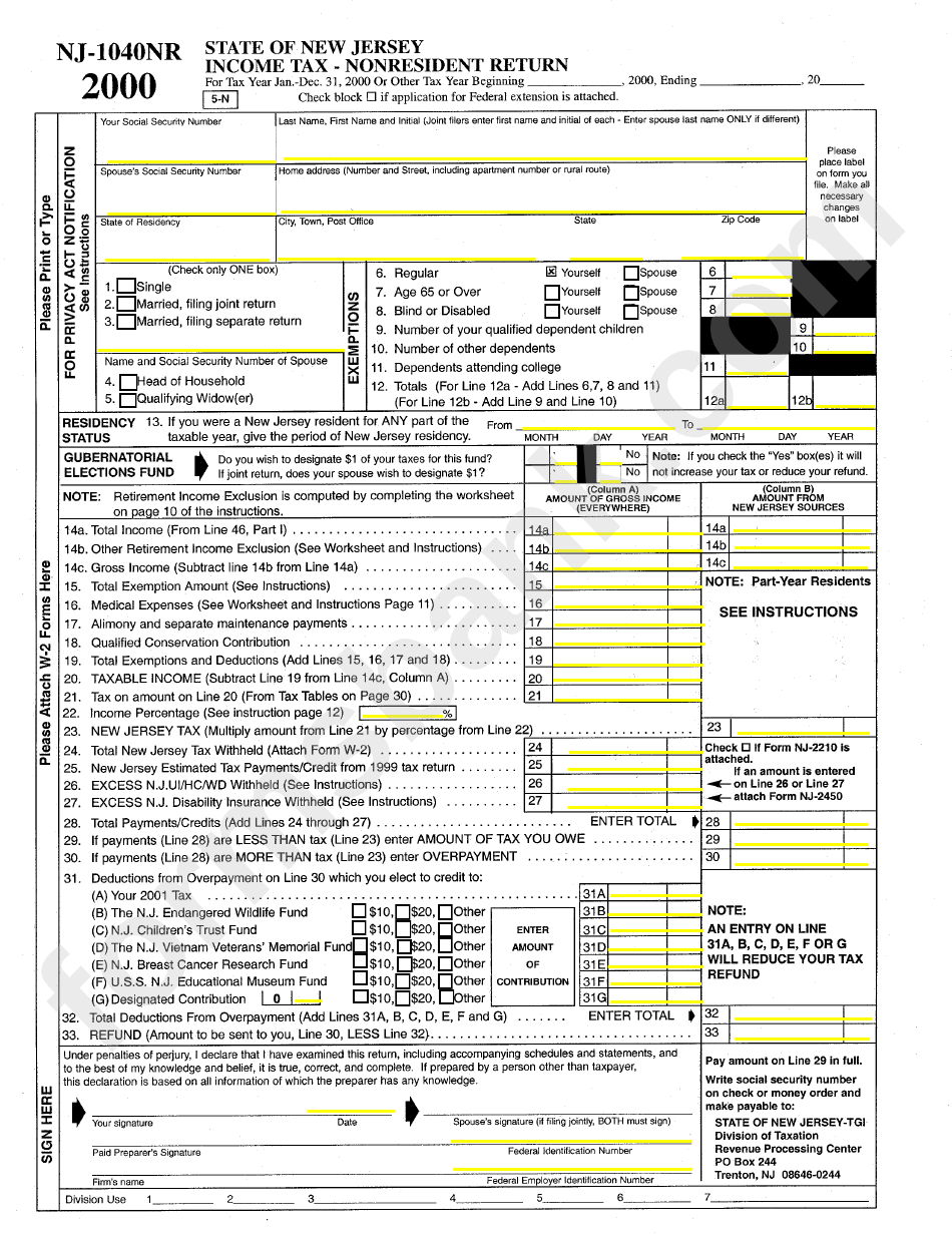 Form Nj-1040nr - Income Tax - Nonresident Return - 2000