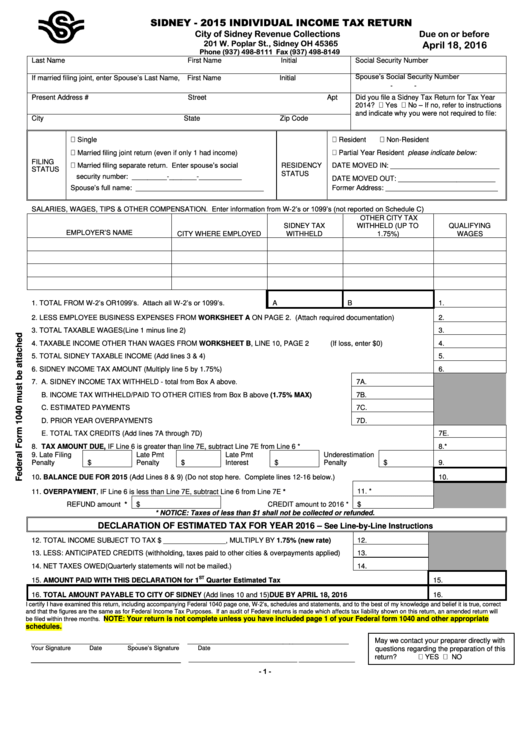 Fillable Individual Income Tax Return - City Of Sidney - 2015 Printable pdf