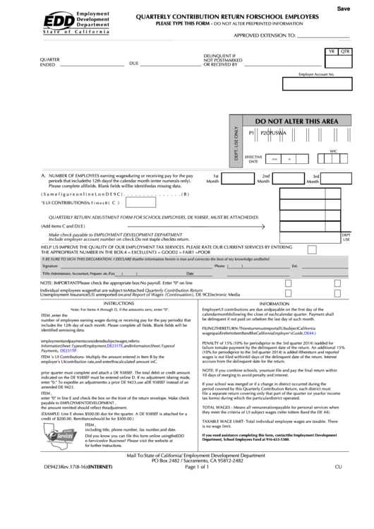 Fillable Form De 9423 - Quarterly Contribution Return For School Employers - 2016 Printable pdf