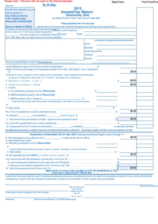 Fillable Form Ir - Income Tax Return - 2015 Printable pdf