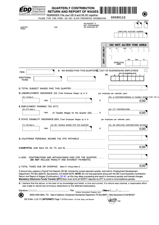 Fillable Form De 9 - Quarterly Contribution Return And Report Of Wages - 2017 Printable pdf