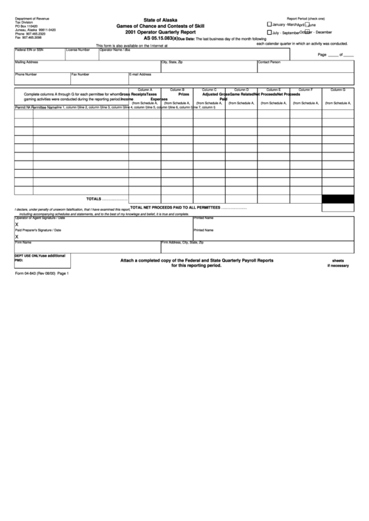 Form 04-843 - Operator Quarterly Report - 2001 Printable pdf