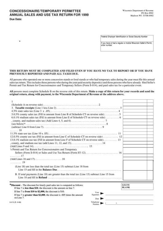 Form S-013 - Concessionaire/temporary Permittee Annual Sales And Use Tax Return - Wisconsin Department Of Revenue -1999 Printable pdf