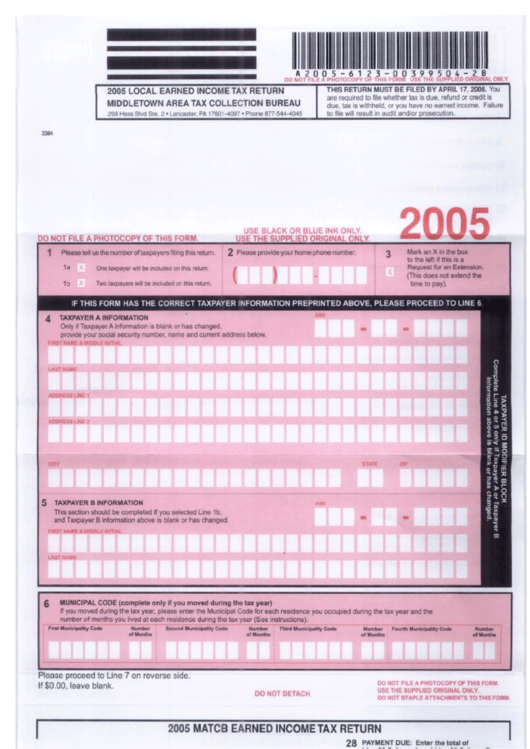 Local Earned Income Tax Return - Middletown Area Tax Collection Bureau - 2005 Printable pdf