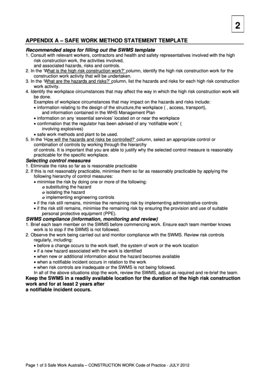 Construction Work - Safe Work Method Statement Template Printable pdf