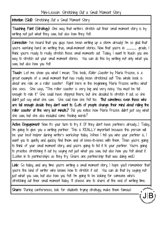 Mini-Lesson Template: Stretching Out A Small Moment Story Printable pdf