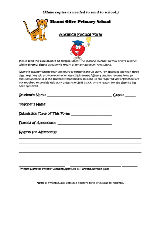 Primary School Absence Excuse Form Printable pdf