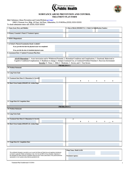 Fillable Substance Abuse Prevention And Control - Treatment Plan Form Printable pdf