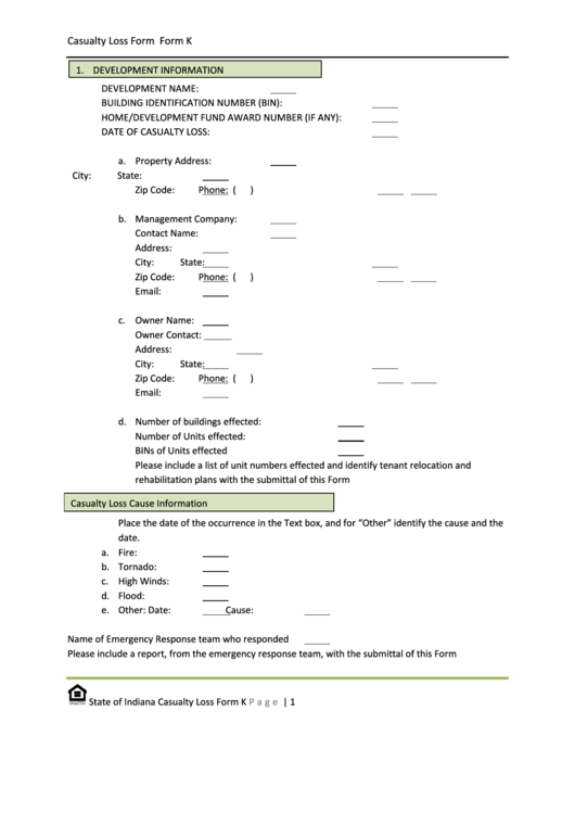Form K - Casualty Loss Form - State Of Indiana Printable pdf