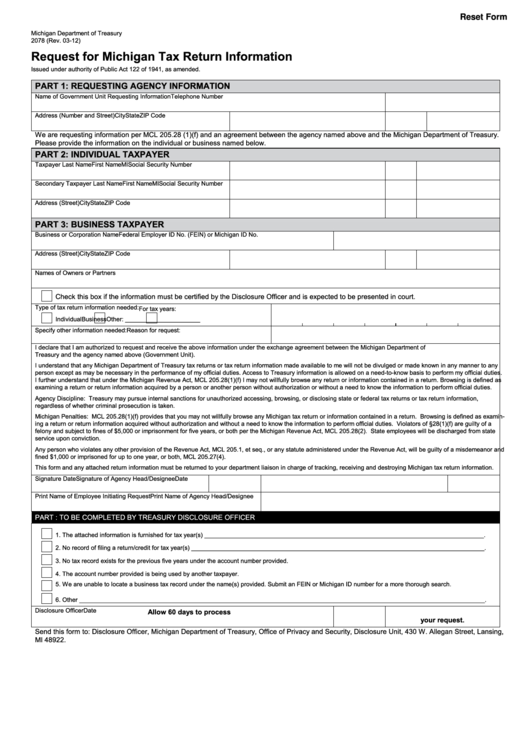 Fillable Form 2078 - Request For Michigan Tax Return Information - Michigan Department Of Treasury Printable pdf