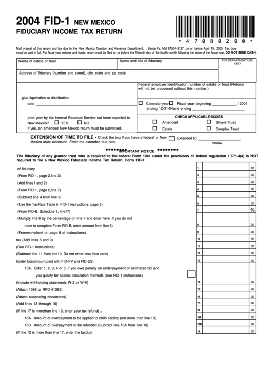 Form Fid-1 - New Mexico Fiduciary Income Tax Return - 2004 Printable pdf