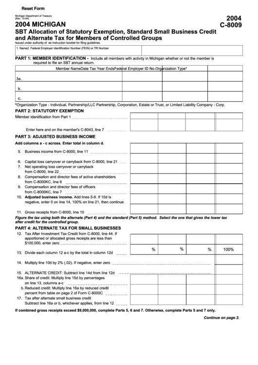 Fillable Form C-8009 - Michigan Sbt Allocation Of Statutory Exemption, Standard Small Business Credit And Alternate Tax For Members Of Controlled Groups - 2004 Printable pdf