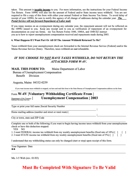 Form W-4v - Voluntary Withholding Certificate From Unemployment Compensation - 2003 Printable pdf