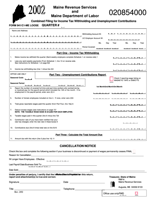 Form 941/c1-Me - Combined Filing For Income Tax Withholding And Unemployment Contributions - 2002 Printable pdf