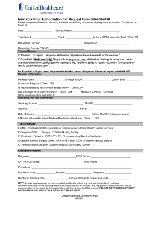 Fillable Form 866-950-4490 - New York Prior Authorization Fax Request Printable pdf