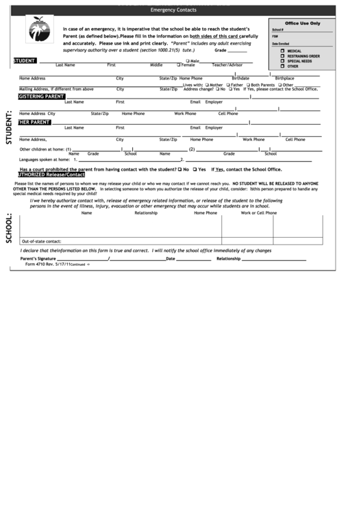 Form 4710 - Student Emergency Contact Card Printable pdf