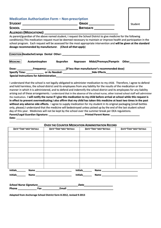 Medication Authorization Form - Non-Prescription Printable pdf