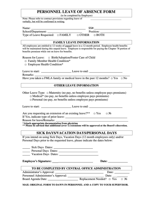 Fillable Personnel Leave Of Absence Form Printable pdf