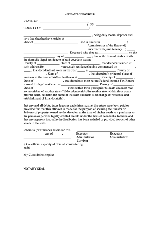 Affidavit Of Domicile Printable pdf
