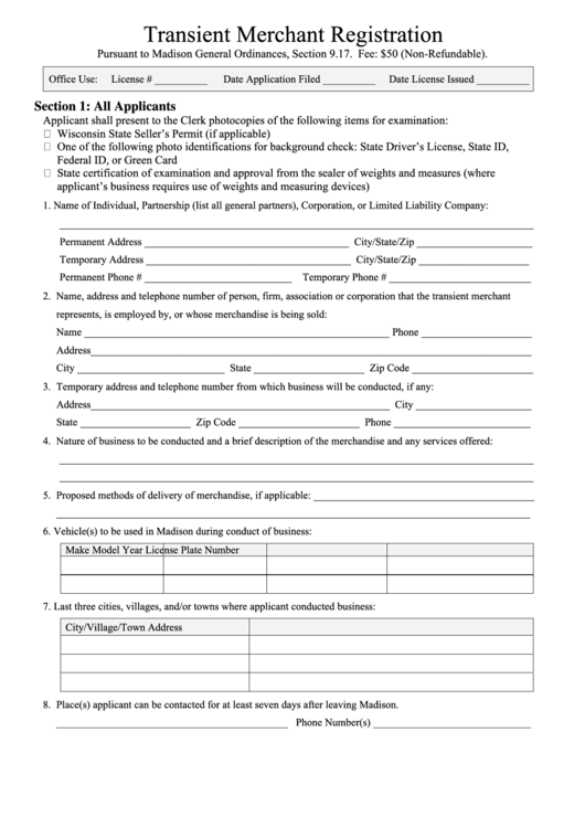 Transient Merchant Registration - Wisconsin Printable pdf